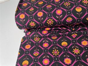 Bomuldsjersey - flot retro blomst på sort bund